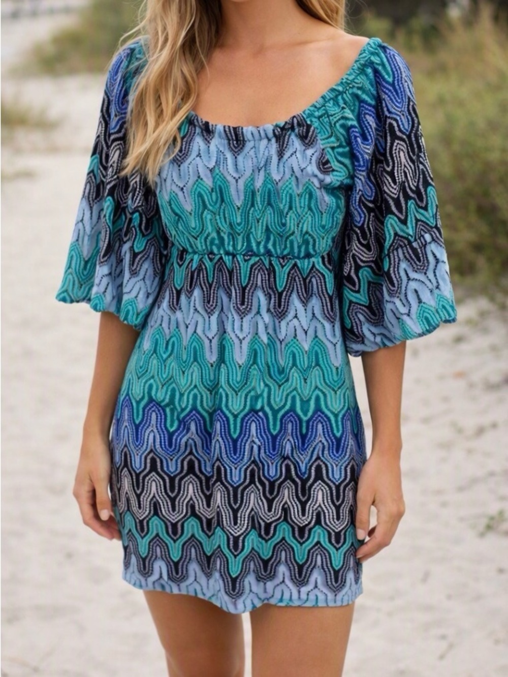 Judith March Blue Green Off-Shoulder Sundress